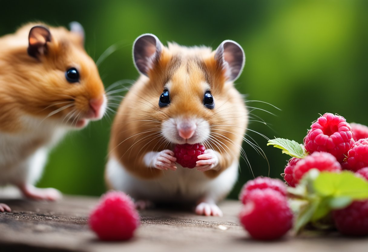 A curious hamster nibbles on a fresh raspberry, while another one watches closely, wondering if it's safe to eat