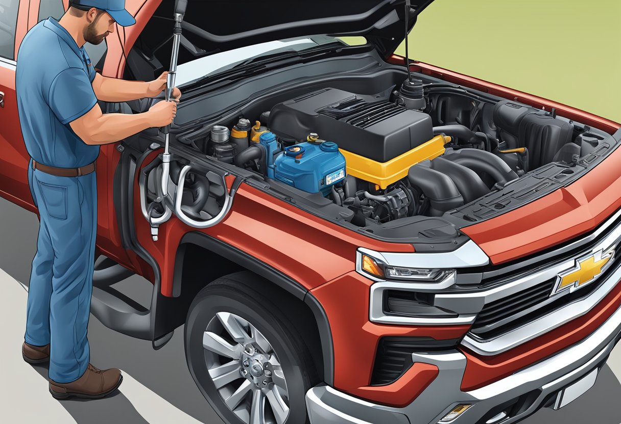 A mechanic pours oil into a Chevrolet Silverado 3500 engine, checking the oil capacity and performing maintenance