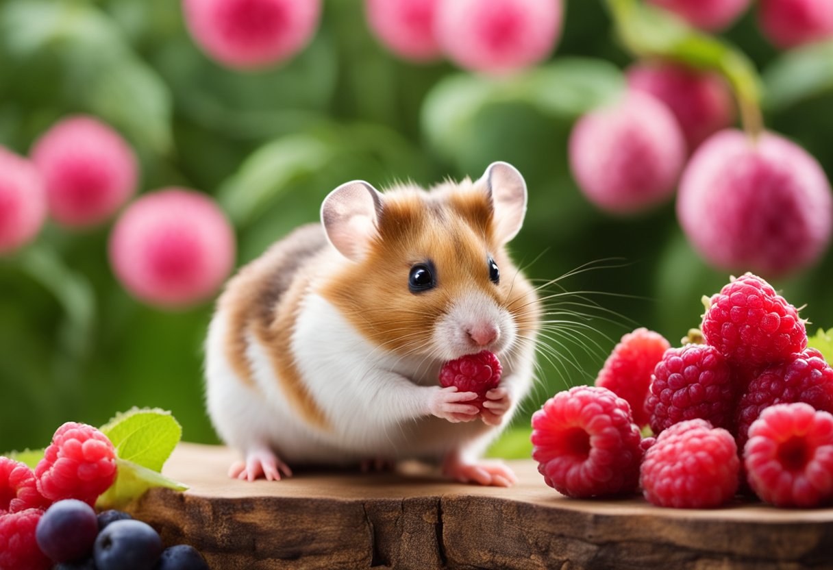 A curious hamster nibbles on a juicy raspberry, surrounded by scattered fruit and a "Frequently Asked Questions" sign