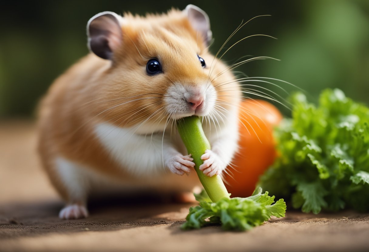 A hamster nibbles on a carrot, its tiny paws holding the vegetable steady as it chews