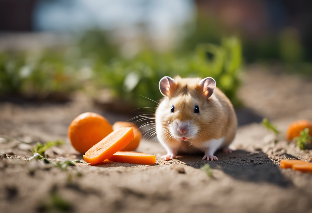 A hamster eagerly nibbles on a fresh carrot, its small paws holding the bright orange vegetable. A pile of carrot peels sits nearby, showcasing the hamster's enjoyment of the nutritious snack