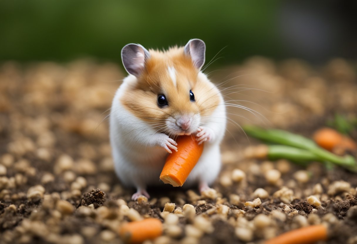 A hamster nibbles on a fresh carrot, following feeding guidelines and precautions