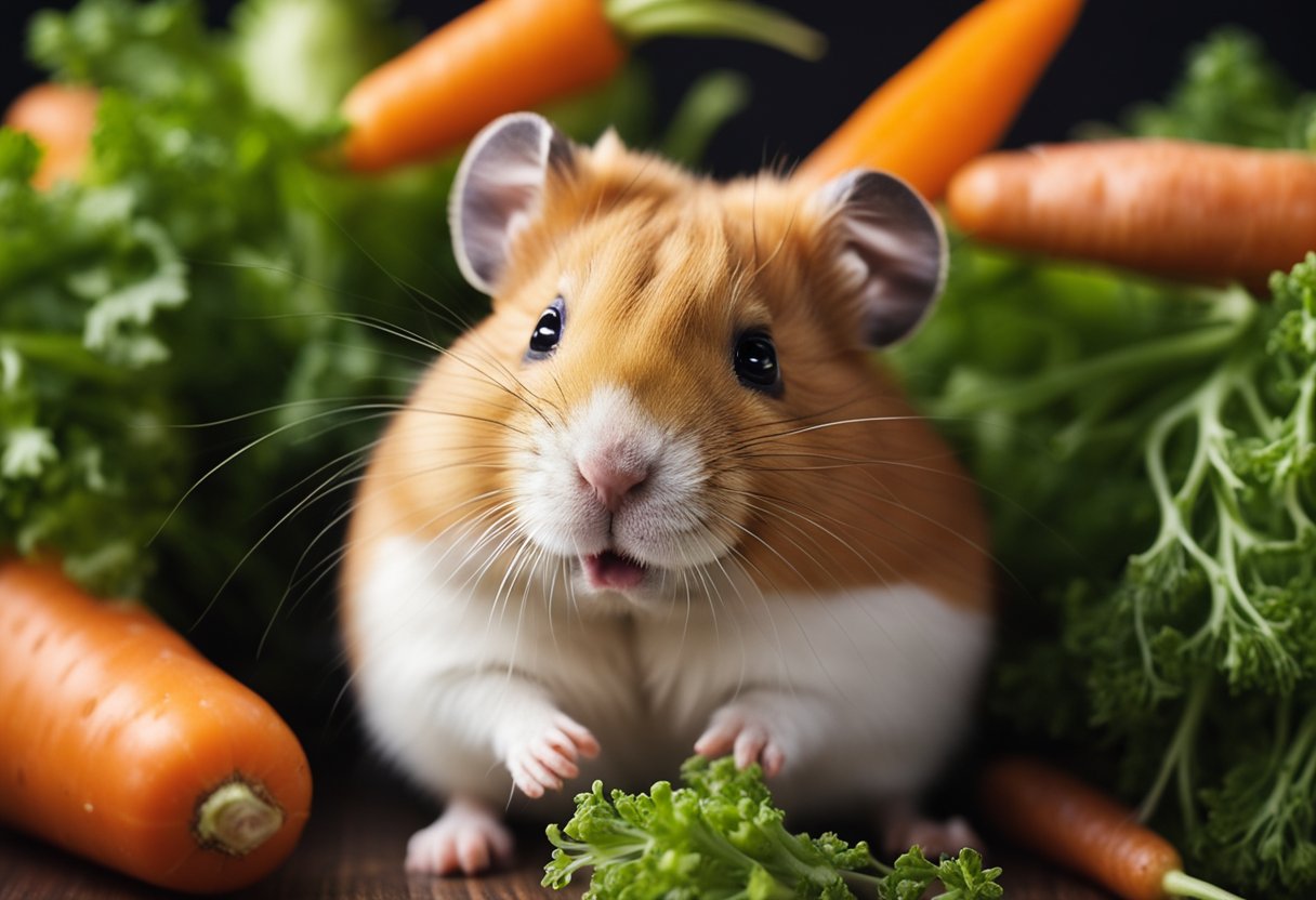 A hamster surrounded by colorful carrots, nibbling on one eagerly