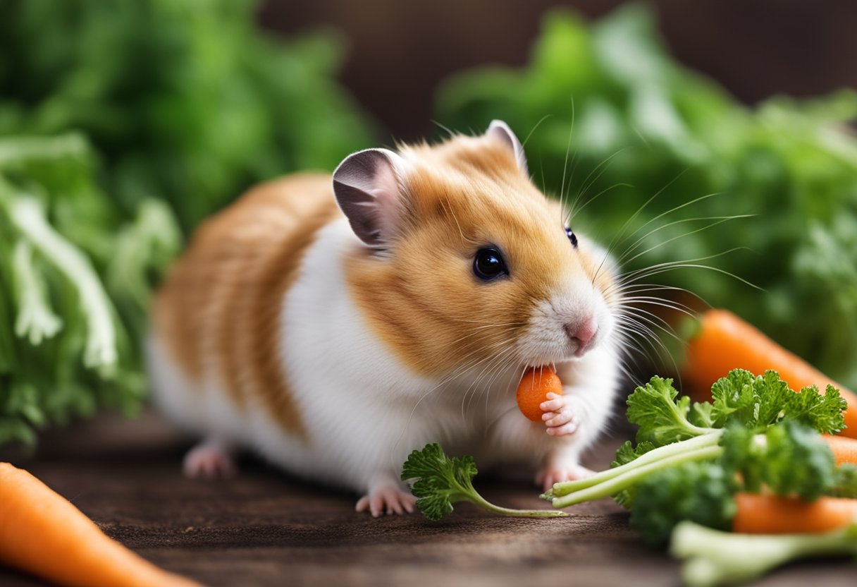 A hamster eagerly nibbles on a fresh carrot, its tiny paws holding the vegetable steady as it chews