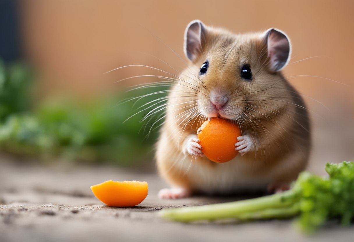 A small hamster eagerly nibbles on a bright orange carrot, its tiny paws holding the vegetable steady as it chews