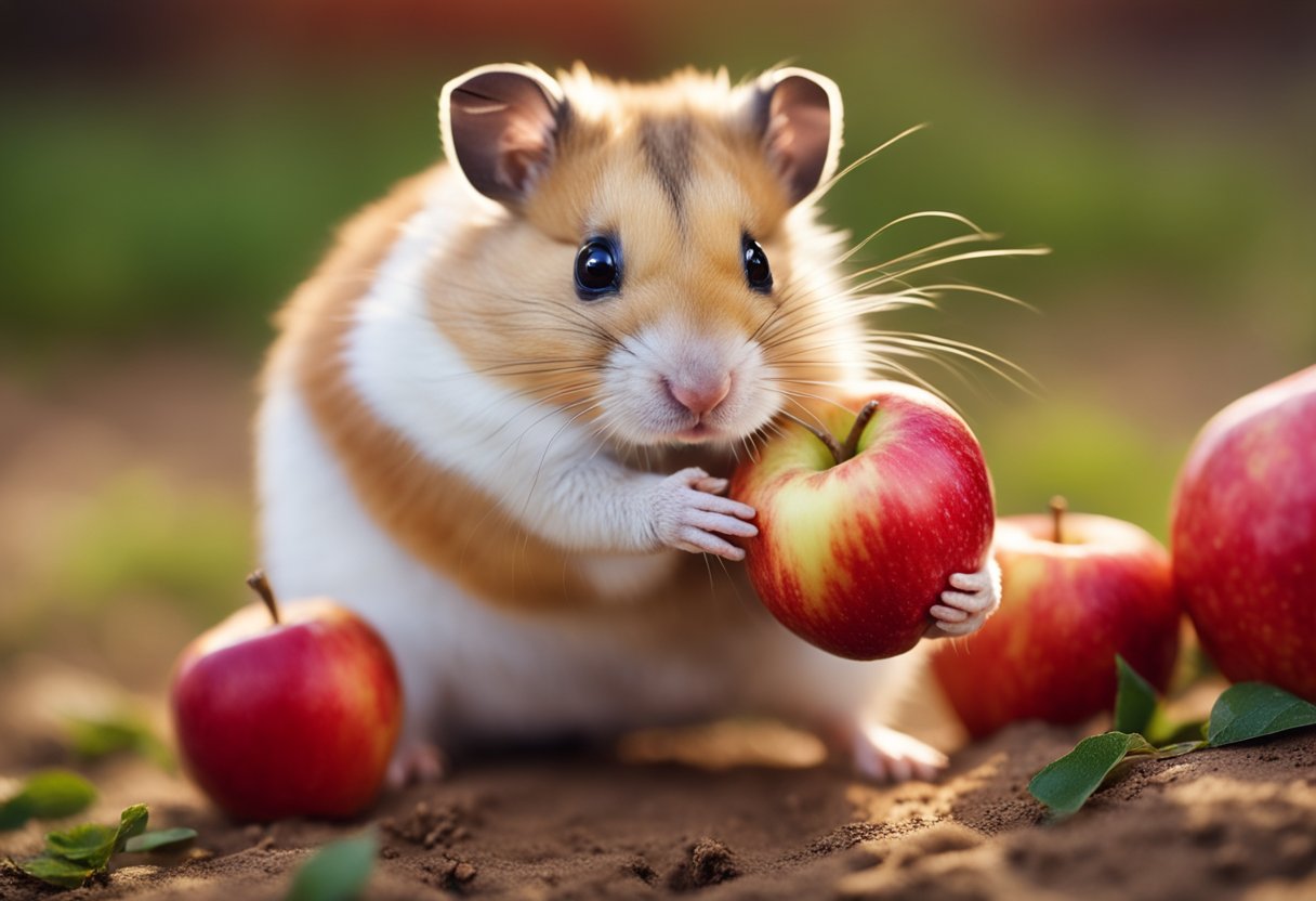 A hamster nibbles on a juicy red apple, its tiny paws clutching the fruit as it takes small bites