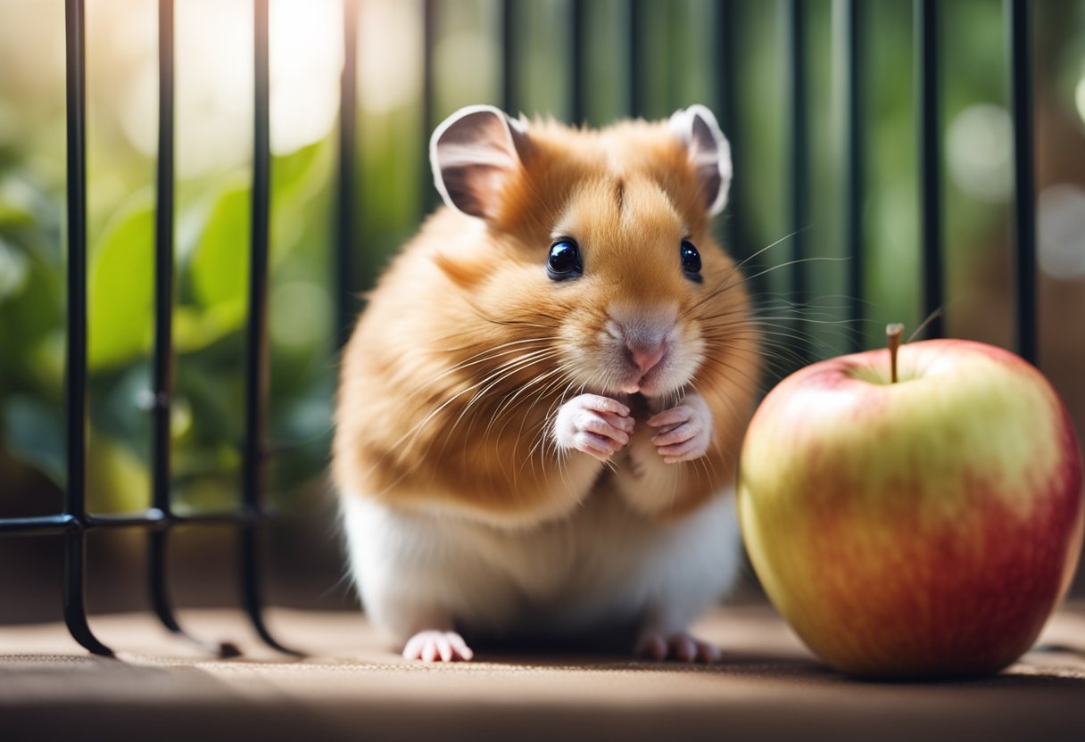 A hamster sniffs an apple, sitting in its cage