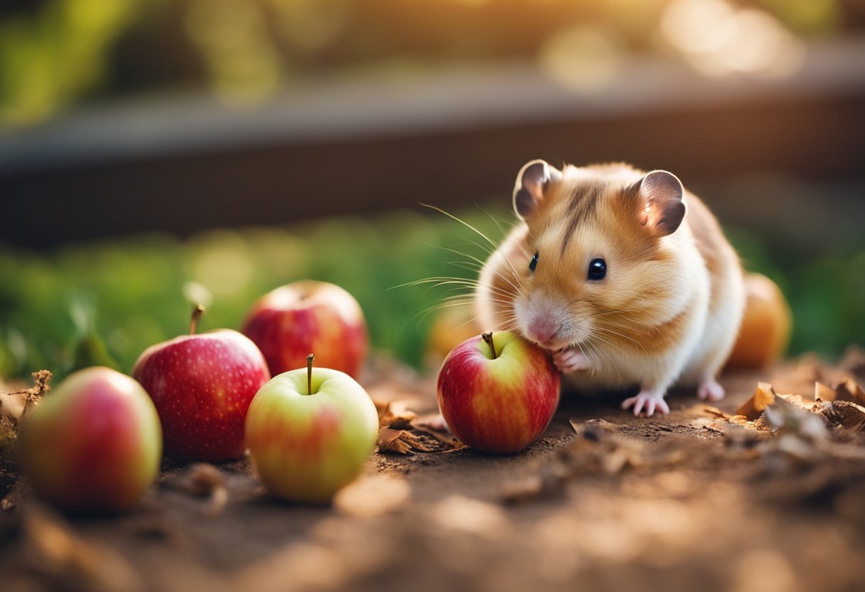 A hamster eagerly nibbles on a juicy red apple, its tiny paws holding the fruit steady as it takes a bite