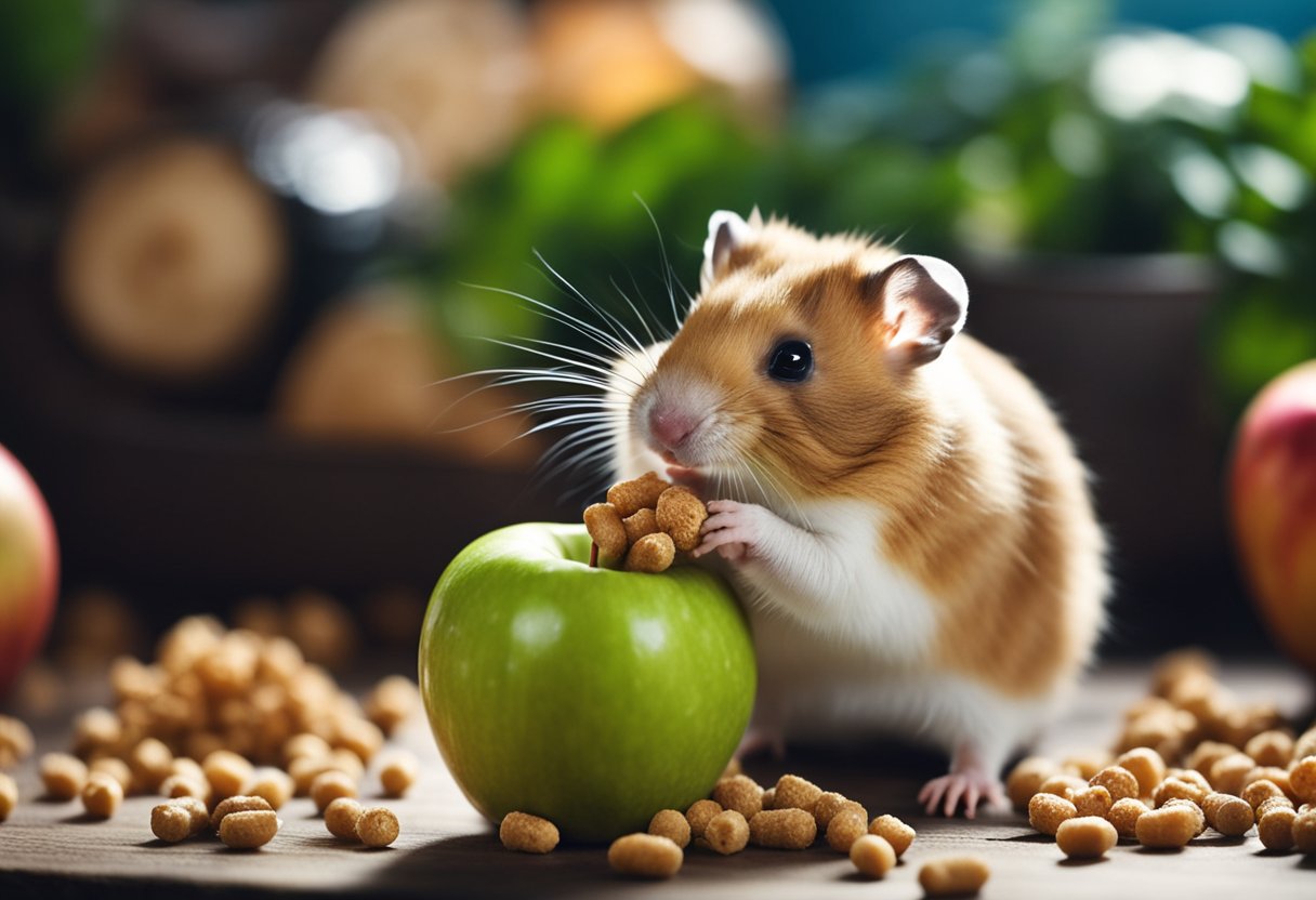 A hamster nibbles on a fresh apple, surrounded by scattered food pellets and a water bottle in its cage