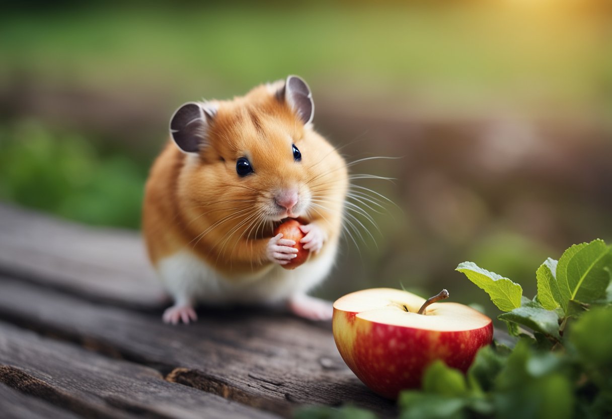 A hamster eagerly nibbles on a juicy red apple, its tiny paws holding the fruit steady as it takes a bite