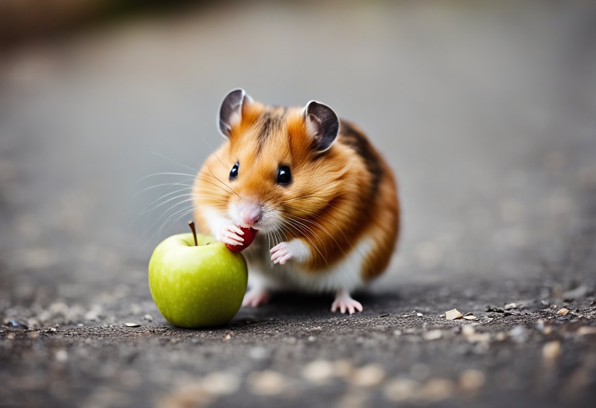 A curious hamster nibbles on a juicy apple, its tiny paws holding the fruit as it takes a bite