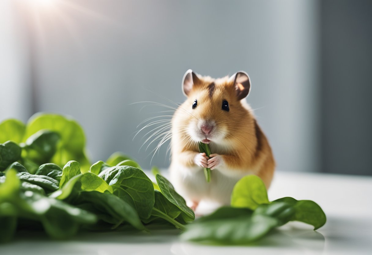 A hamster nibbles on a fresh spinach leaf