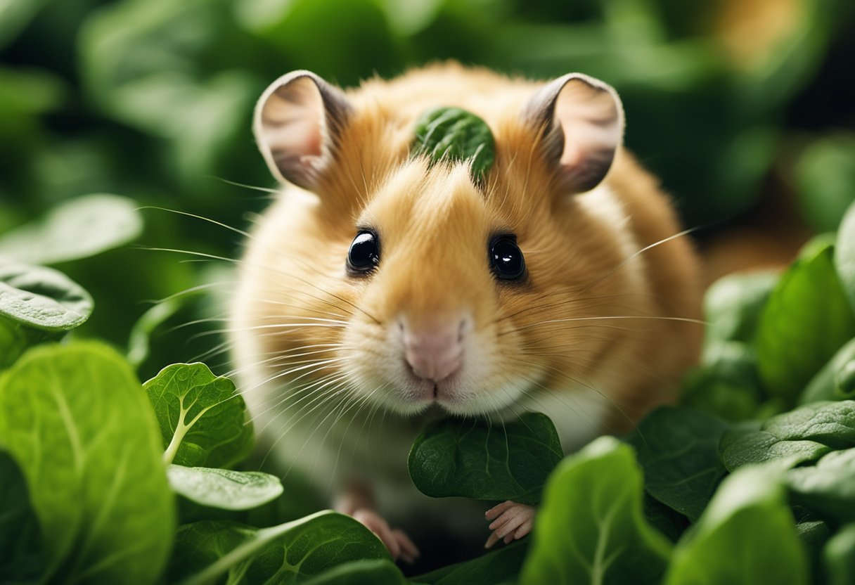 A hamster munches on fresh spinach leaves, showing the nutritional benefits for hamsters