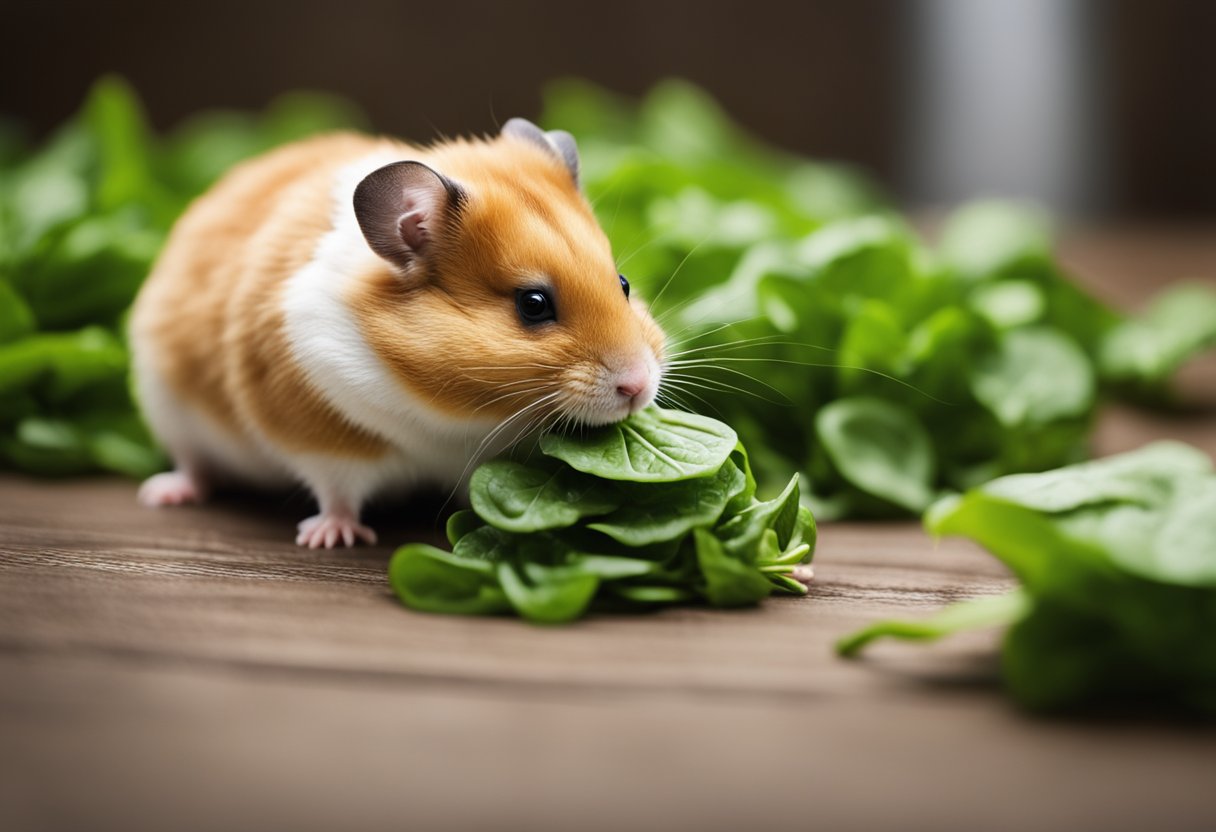 A hamster cautiously sniffs a small pile of spinach, while a caution sign with feeding guidelines hovers nearby