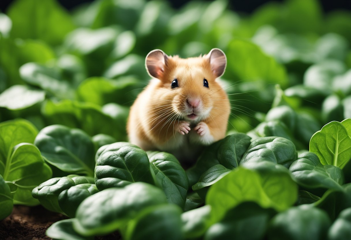 A hamster surrounded by spinach leaves, with a curious expression, sniffing and nibbling on the leaves