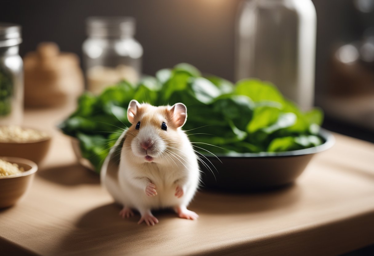 A hamster sits in front of a bowl of fresh spinach, sniffing and nibbling on the leaves with curiosity
