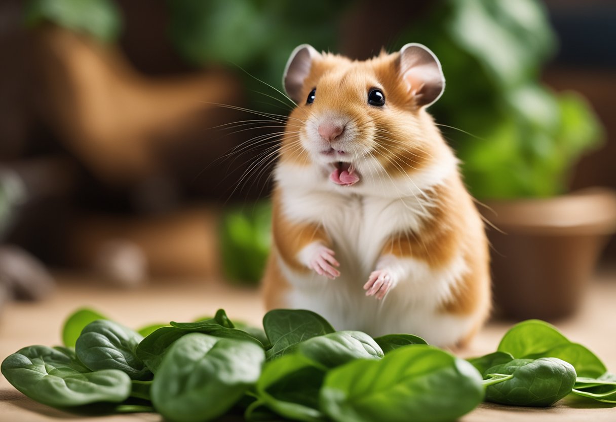 A curious hamster stands near a pile of fresh spinach, looking up at a sign that reads "Frequently Asked Questions: Can hamsters eat spinach?"
