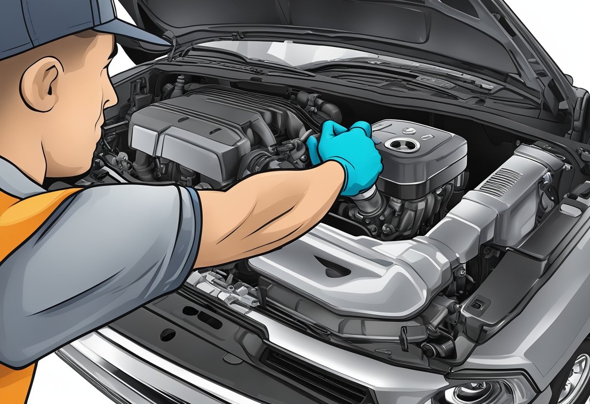 A mechanic pours new oil into a Ram 1500 engine, replacing the old oil with the recommended type for the vehicle
