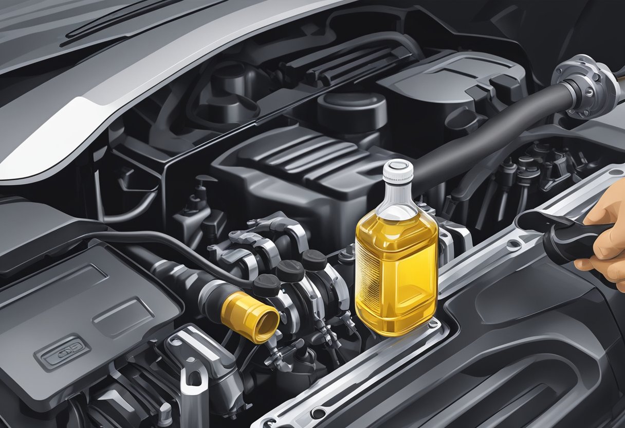 A mechanic pours synthetic 5W-20 oil into a Ram 1500 engine, carefully checking the oil level and securing the oil cap