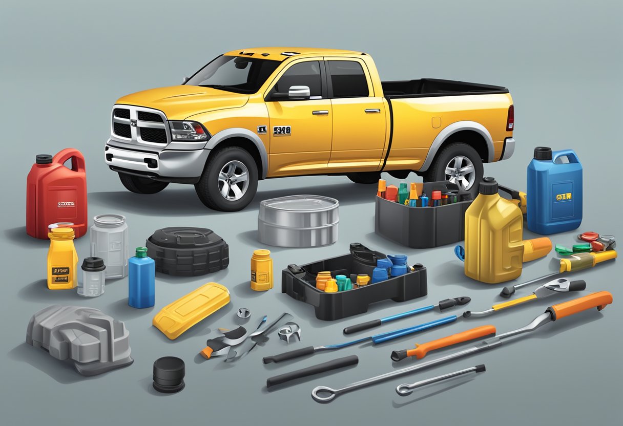 A Ram 1500 truck parked with an open hood, displaying the oil cap and dipstick, surrounded by various oil containers and tools