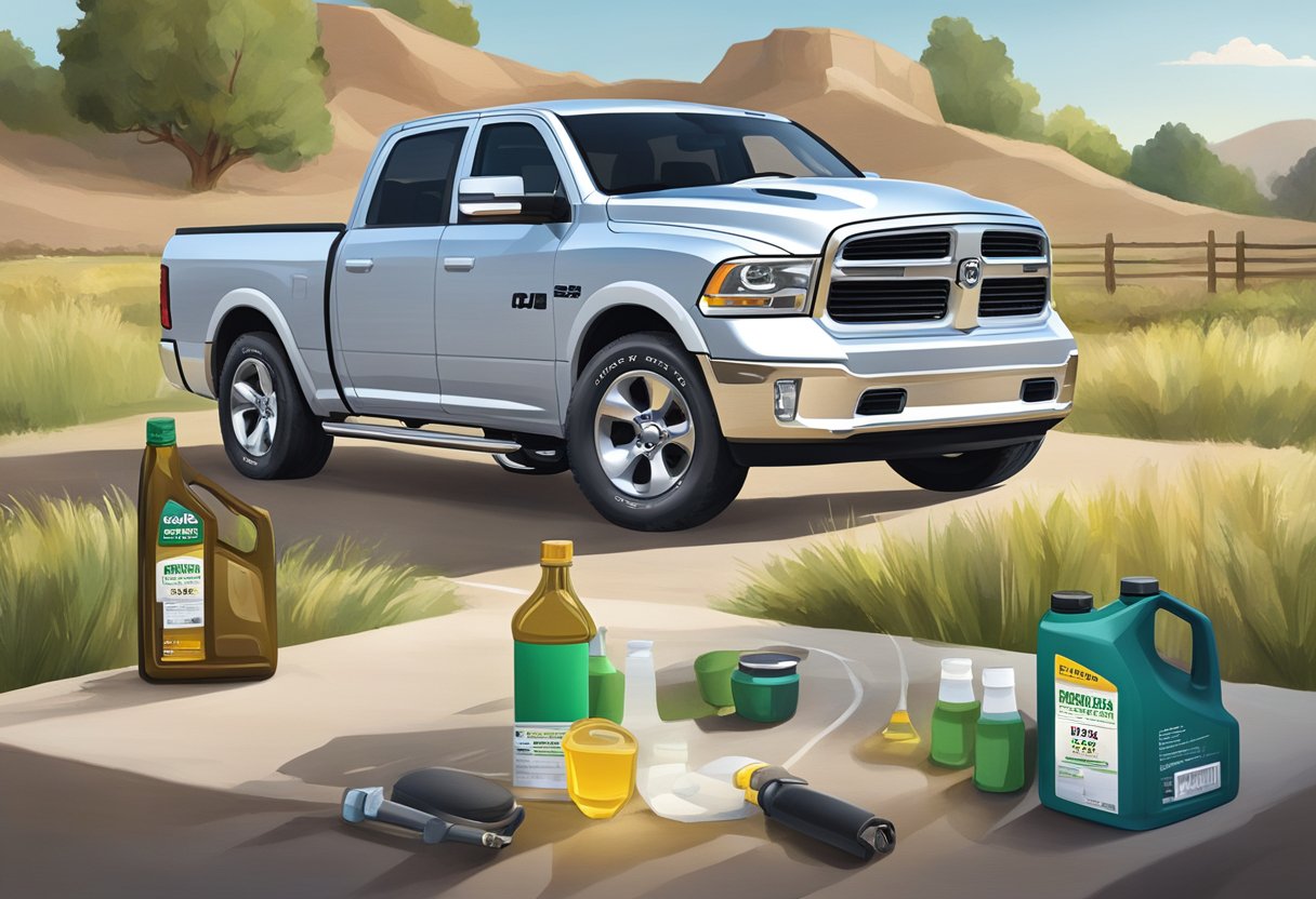 A Ram 1500 truck with an open hood, displaying a bottle of oil labeled with the recommended oil type for the vehicle