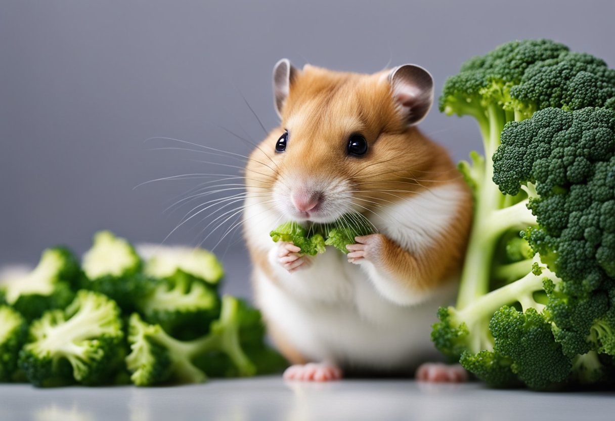 A hamster nibbles on a piece of broccoli, its tiny paws holding the green vegetable as it takes small bites
