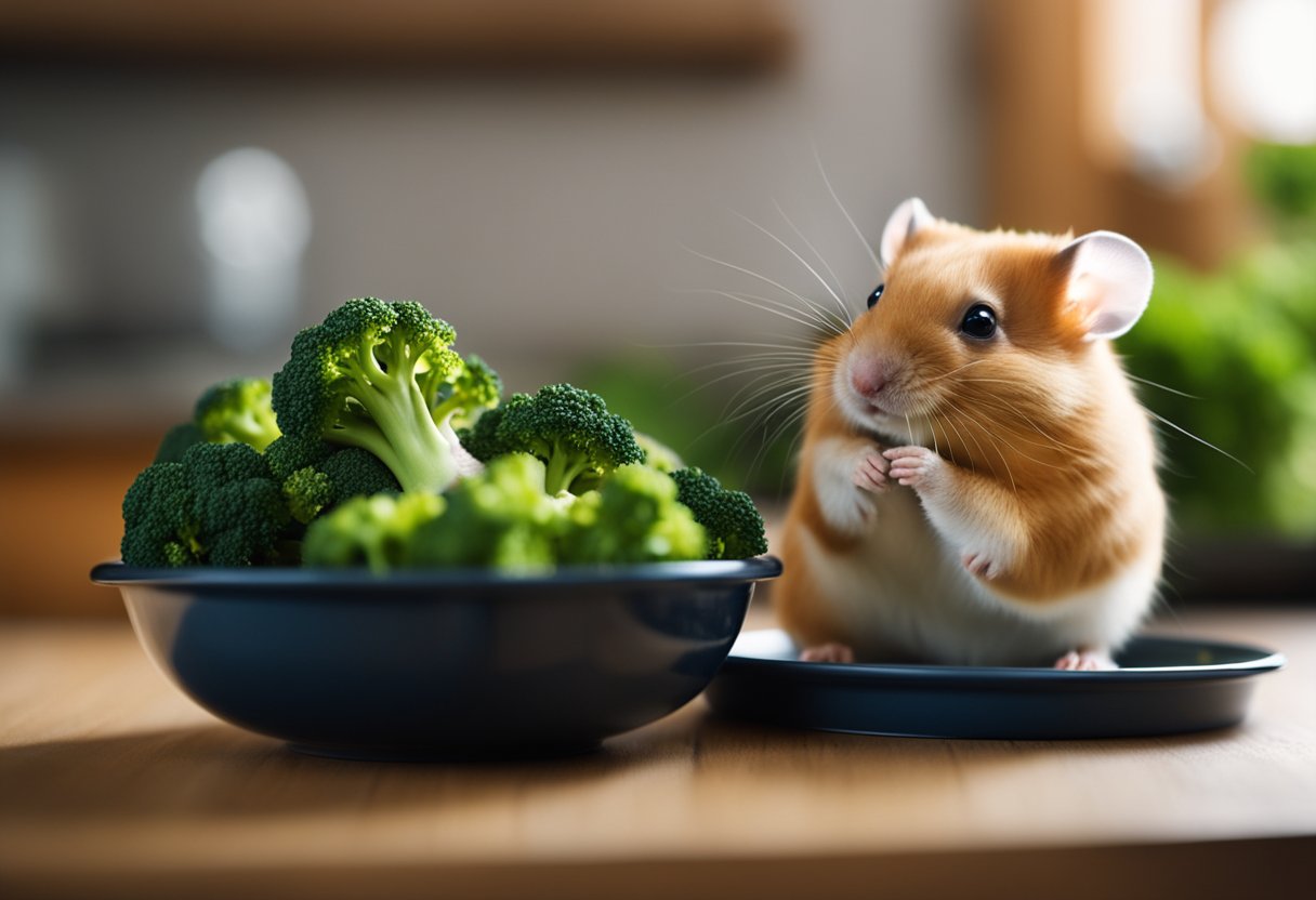 A hamster sits next to a bowl of broccoli, sniffing it cautiously