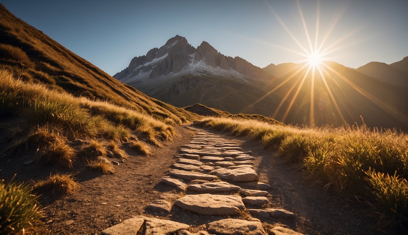 A mountain peak rises above a winding path, with the words "The Journey of Champions" carved into the rock face. The sun shines brightly, casting a warm glow over the scene