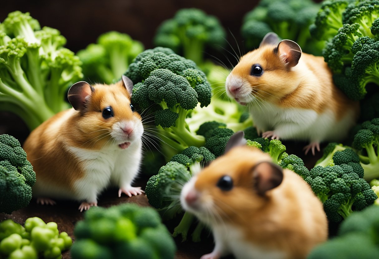 A group of hamsters surrounded by broccoli, some nibbling on the florets while others curiously sniff at the green vegetable