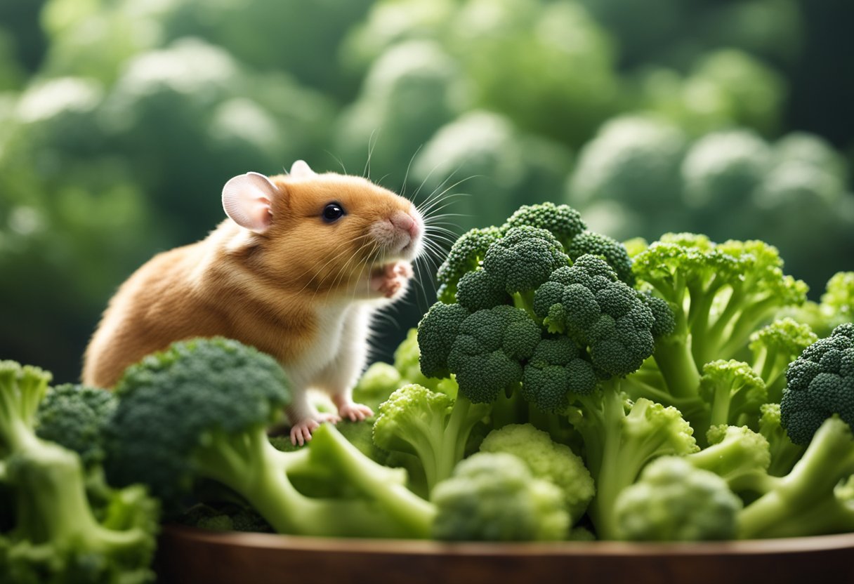A hamster surrounded by broccoli, with a curious expression and a paw reaching out to grab a piece