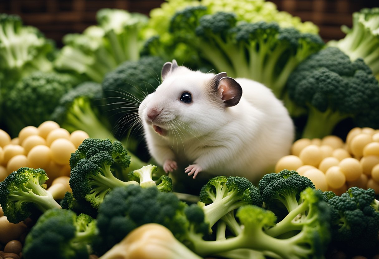 A hamster sits next to a pile of broccoli, sniffing it cautiously