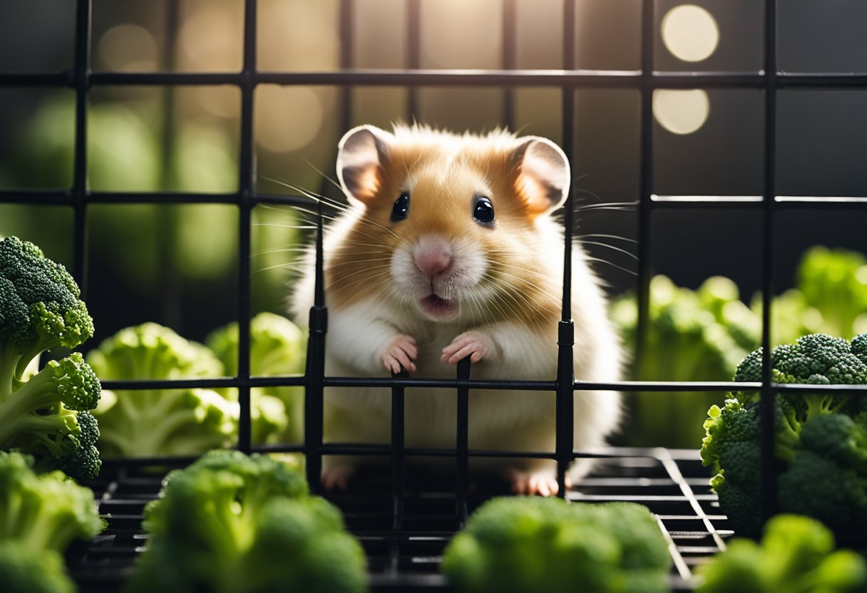 A hamster sitting in a cage, surrounded by broccoli, with a question mark above its head