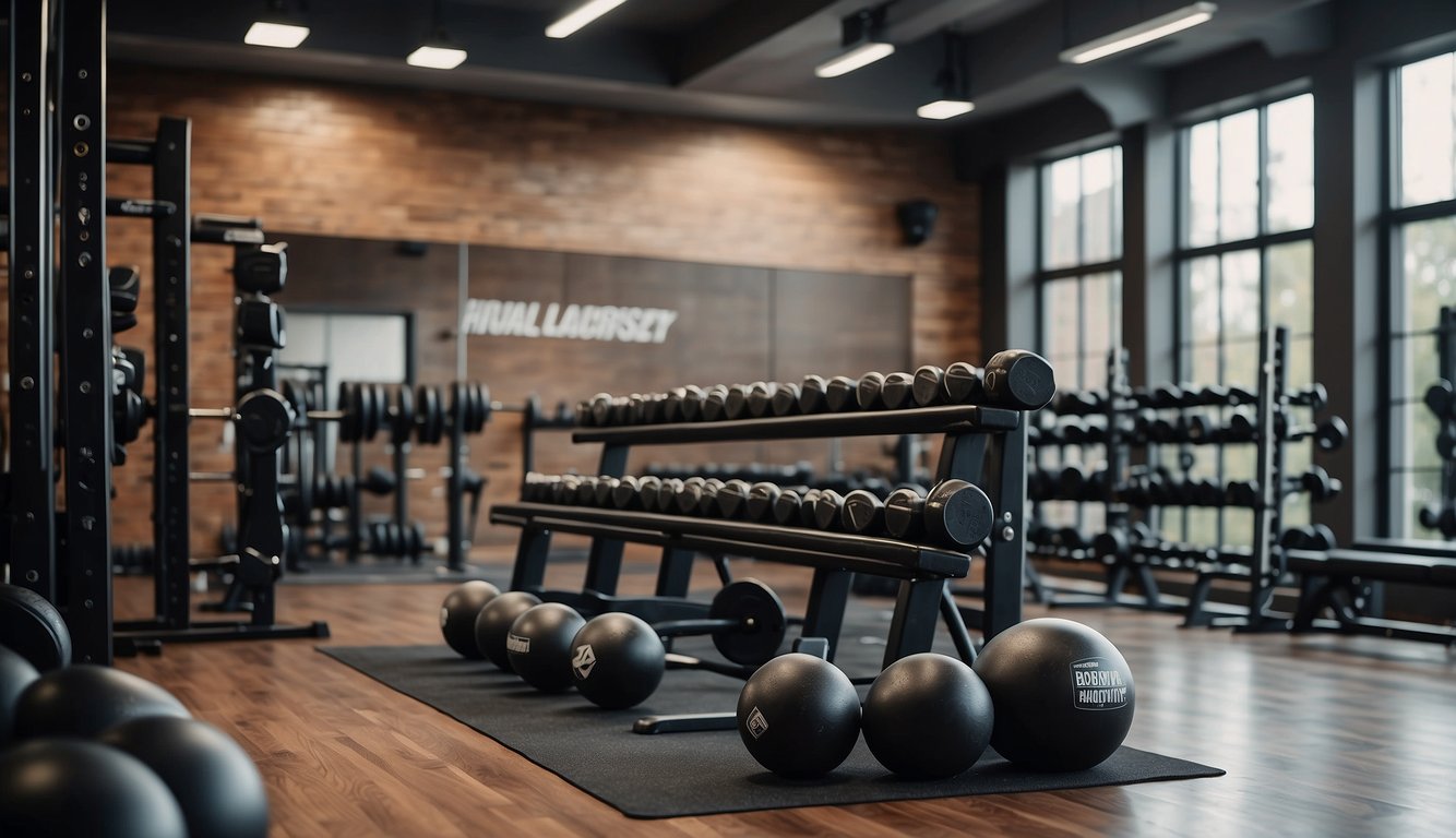 Athletic gear and equipment surrounded by motivational quotes on a gym wall