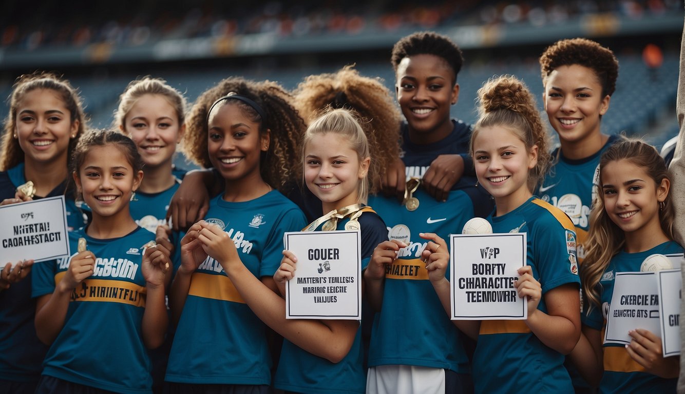 A group of athletes stand together, each holding a sign with motivational phrases about character and values in sportsmanship. The signs are bold and colorful, displaying messages of teamwork and integrity