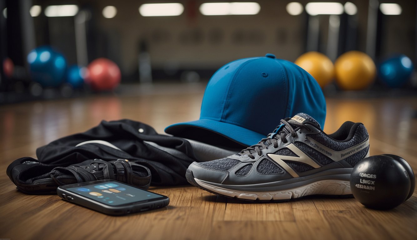 Athletic gear laid out with motivational phrases on a gym floor