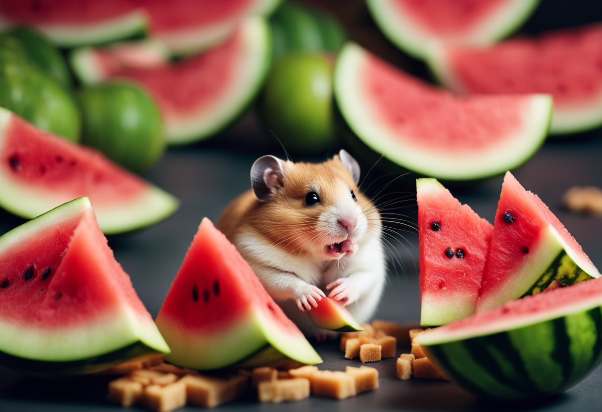 A hamster nibbles on a slice of juicy watermelon, its tiny paws holding the fruit steady as it takes a bite