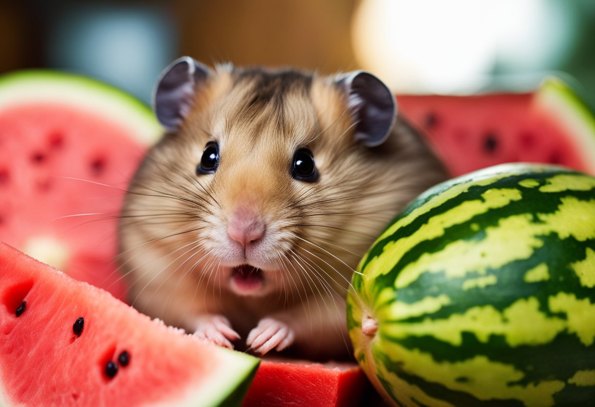 A hamster happily munches on a slice of watermelon, its cheeks bulging as it enjoys the juicy fruit. The vibrant red flesh contrasts against the green rind, highlighting the nutritional benefits of watermelon for hamsters