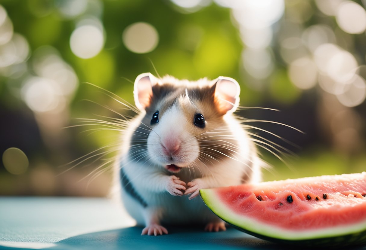 A hamster eagerly nibbles on a slice of watermelon, while a caution sign warns against overfeeding