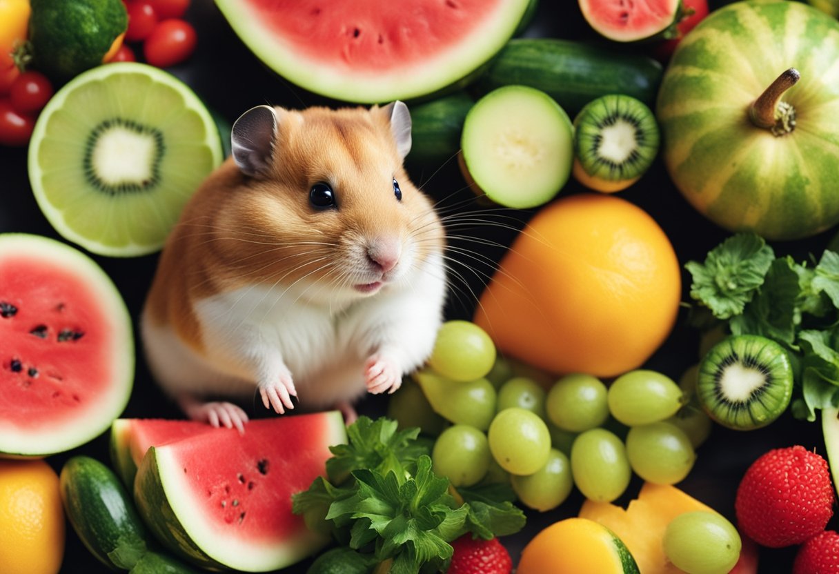 A hamster nibbles on a slice of watermelon, surrounded by various fruits and vegetables