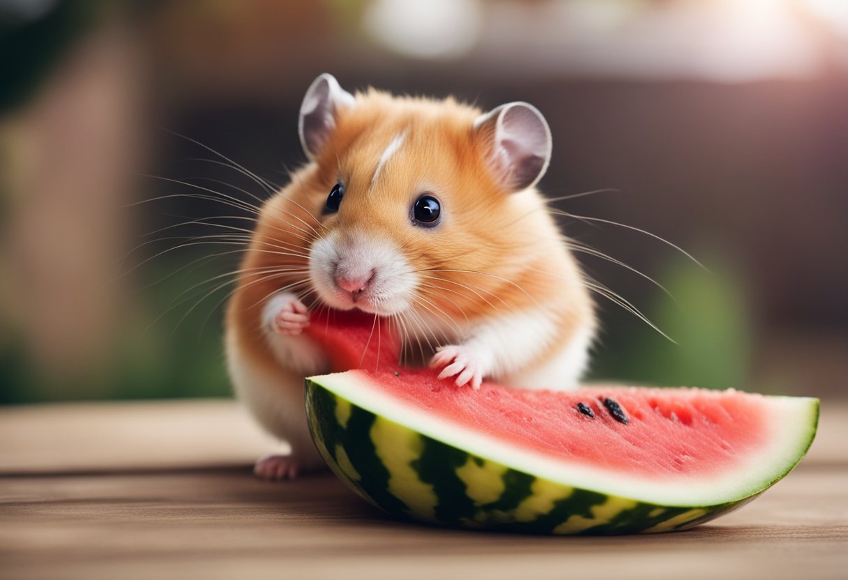 A hamster nibbles on a juicy slice of watermelon, its tiny paws holding the fruit steady as it takes a bite