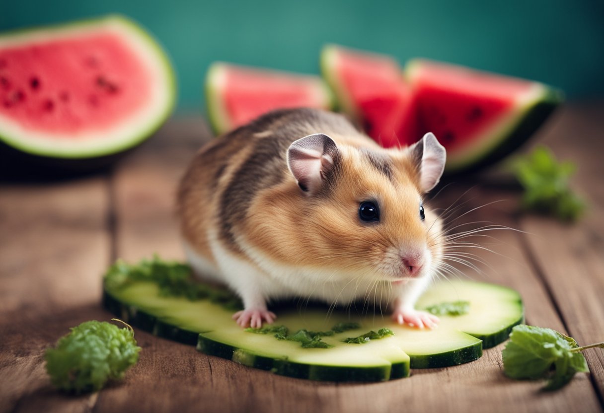 A hamster eagerly nibbles on a juicy slice of watermelon, its tiny paws holding the fruit as it munches away