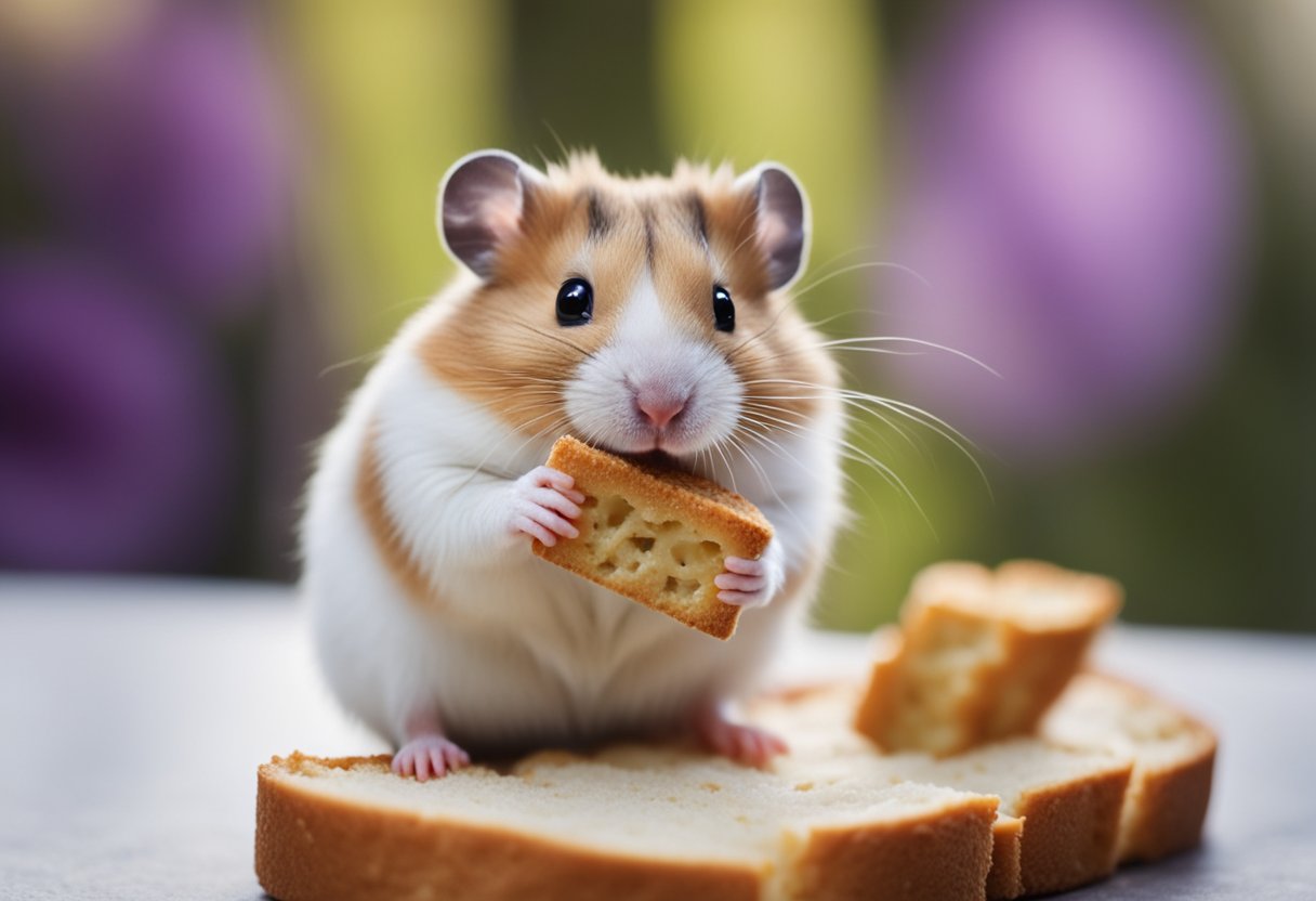 A hamster nibbles on a small piece of bread, its tiny paws holding the food as it eats