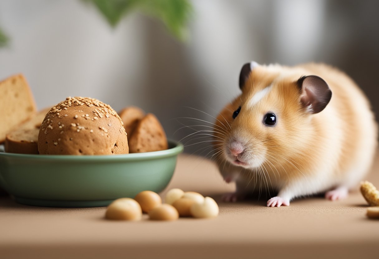 A hamster stands near a small pile of bread, looking curiously at it. The hamster's food bowl is nearby, filled with a mix of seeds and pellets