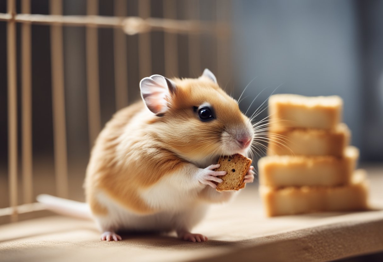 A hamster eating a small piece of bread in a clean, spacious cage with fresh water and bedding
