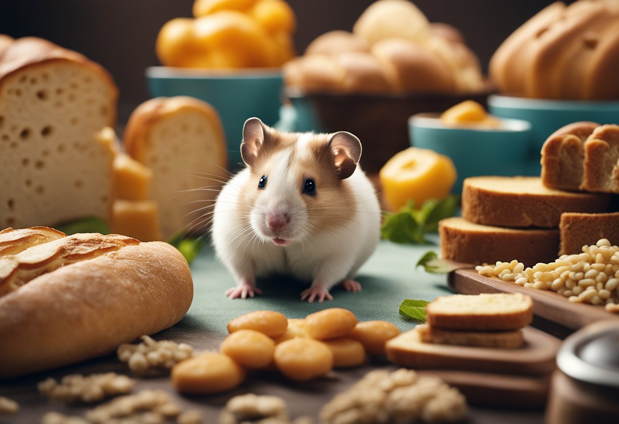 A hamster surrounded by various food items, including bread, with a question mark hovering above its head