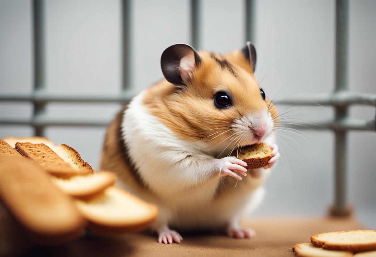 A hamster sits in its cage, sniffing a piece of bread. Its whiskers twitch as it investigates the food, contemplating whether to take a nibble