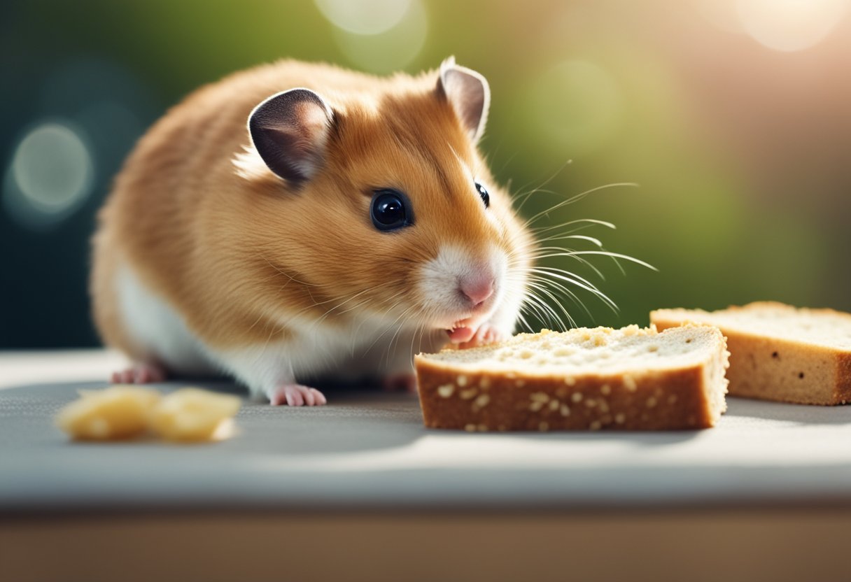 A curious hamster sniffs a piece of bread, while a question mark hovers above its head