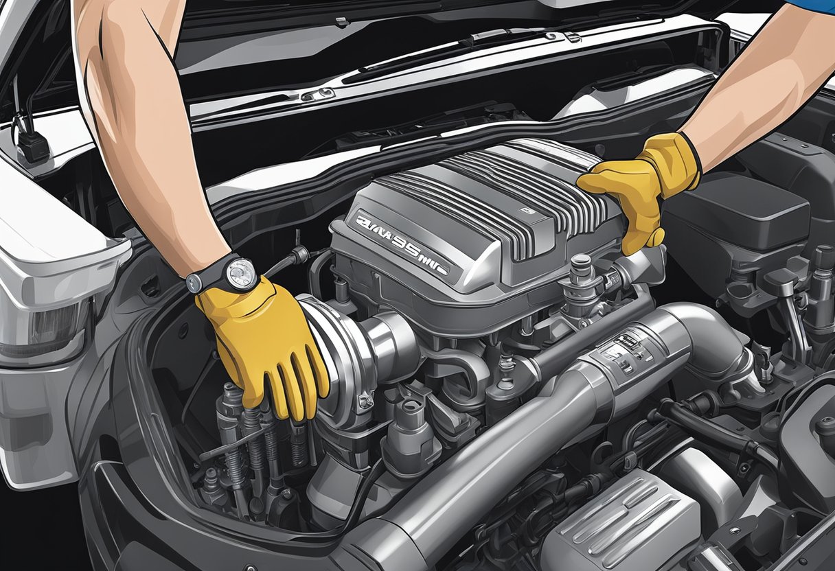 A mechanic pouring synthetic 5W-20 oil into a Ram 2500 engine