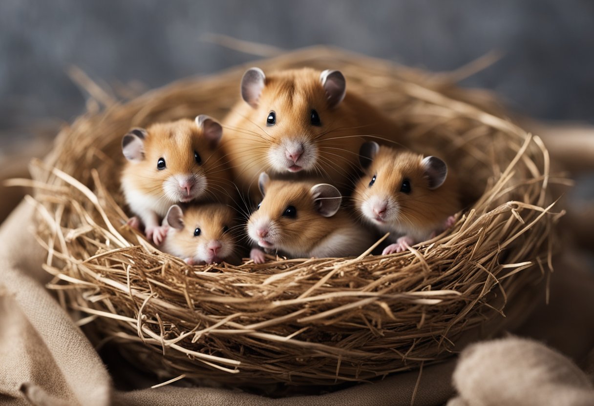 A mother hamster sits in a nest, surrounded by her newborn babies. She appears distressed as she nibbles on one of her babies, while the others huddle together in fear