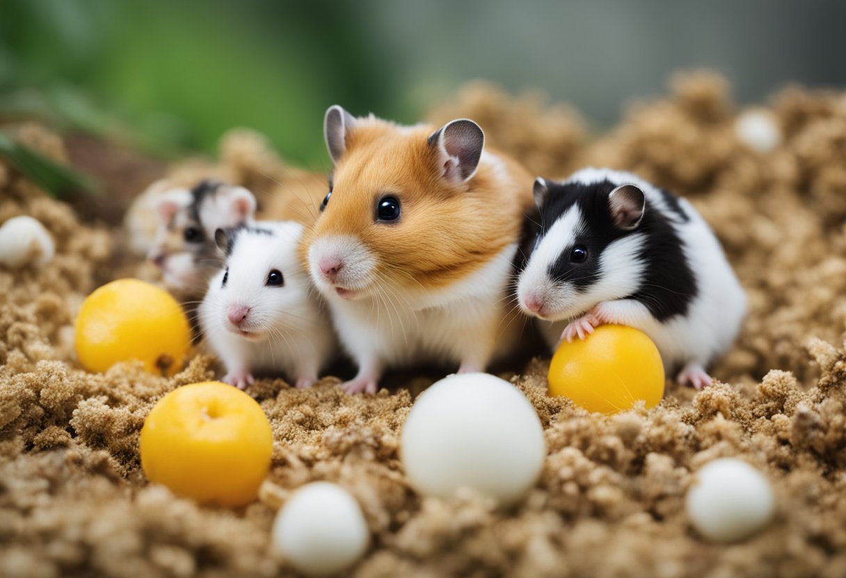 A mother hamster surrounded by her pups, some of which she is consuming